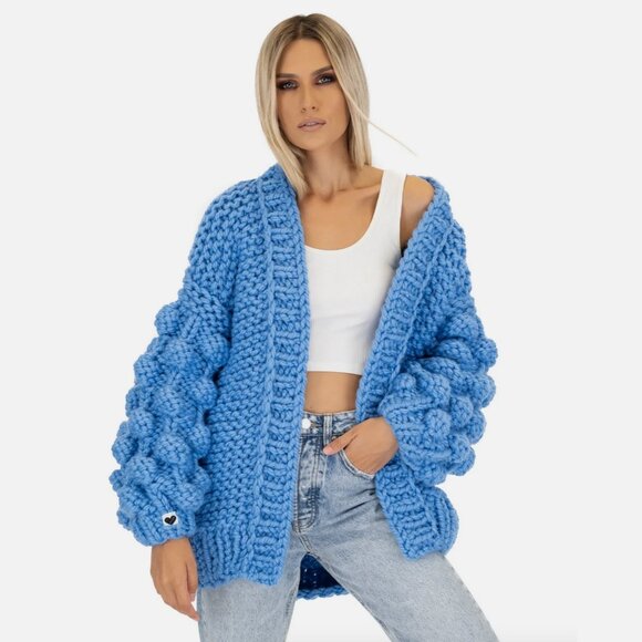 MumsHandmade Bubble Sleeve Cardigan Knit Chunky Blue Wool Popcorn Aran Mum's - Picture 3 of 10